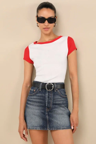 Lulus Jessie White And Red Ribbed Knit Crew Neck Baby Tee