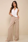 LULUS JET STREAM TAN HIGH-WAISTED WIDE LEG PANTS