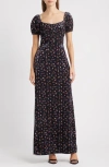 Lulus Jillian Floral Cap Sleeve Gown In Black