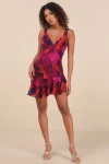 Lulus Jodi Purple Multi Abstract Print Lace-up Mini Dress In Purple