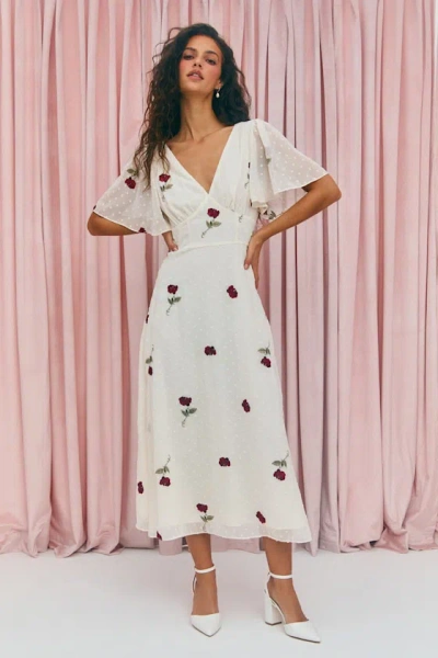 Lulus Jolina White Embroidered Swiss Dot Flutter Sleeve Midi Dress