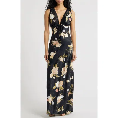 Lulus Judith Floral Jacquard Satin Slipdress In Black Floral
