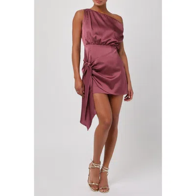 Lulus June One-shoulder Tie Front Satin Minidress In Brown