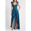 Lulus Juni Ruffle Shoulder High-low Gown In Blue