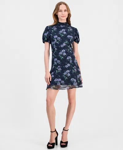 Lulus Juniors' Floral-print Puff-sleeve A-line Lark Tie Back Mini Dress In Blue