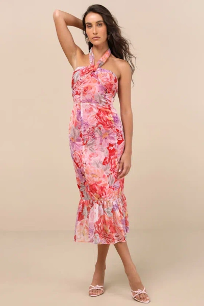 Lulus Juno Red Multi Floral Halter Trumpet Midi Dress