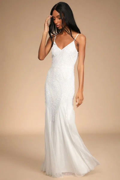 Lulus Just The Beginning White Beaded Sequin Mermaid Maxi Dress