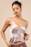 Lulus Kailany Taupe Satin Pleated Peplum Cami Top In Taupe