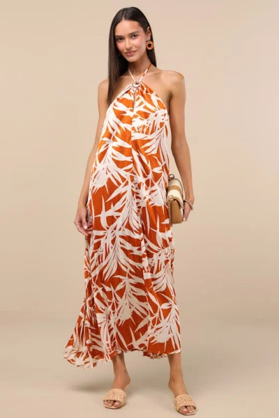 Lulus Kalena Orange Tropical Print Pleated Halter Maxi Dress