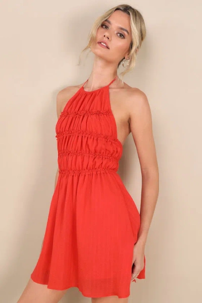 Lulus Kallina Red Orange Ruffled Halter Neck Mini Dress