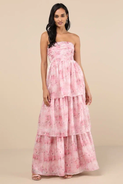 Lulus Kamella Light Pink Floral Pleated Strapless Tiered Maxi Dress