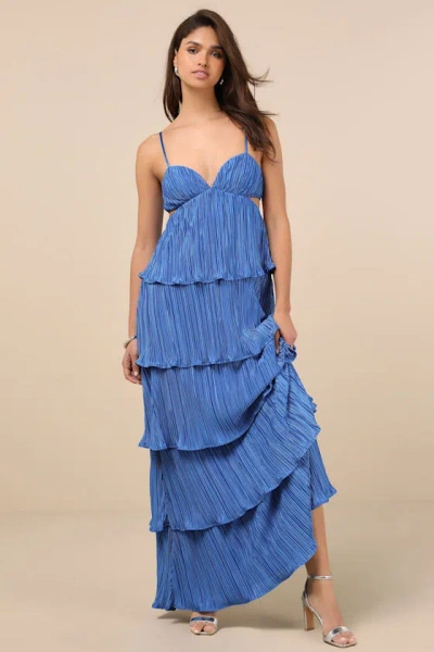Lulus Kanya Blue Satin Plisse Tiered Maxi Dress