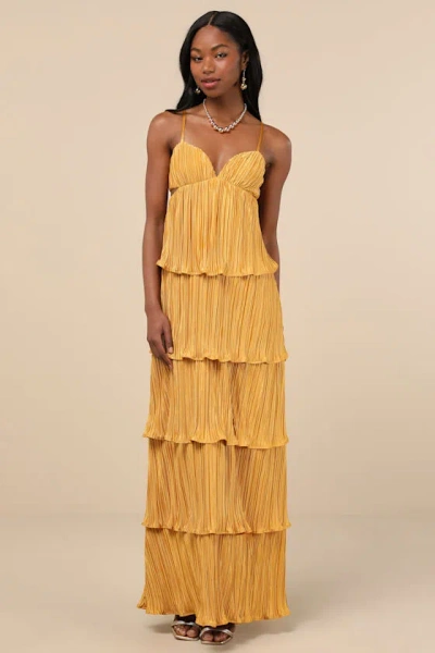 Lulus Kanya Marigold Yellow Satin Plisse Tiered Maxi Dress