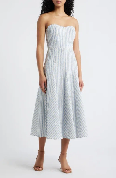 Lulus Karina Strapless Stripe Eyelet Midi Dress In Blue