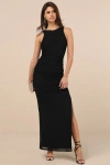 Lulus Karise Black Mesh Ruched Backless Maxi Dress In Black