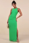 Lulus Karise Green Mesh Ruched Backless Maxi Dress In Green