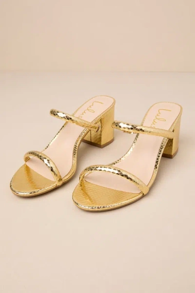Lulus Karlyn Gold Snake-embossed High Heel Slide Sandals