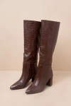 Lulus Katari Espresso Croc-embossed Pointed-toe Knee High Boots In Brown