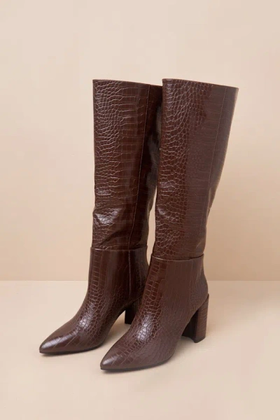 Lulus Katari Espresso Croc-embossed Pointed-toe Knee High Boots In Brown