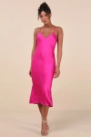 Lulus Katrien Fuchsia Textured Satin Backless Midi Slip Dress In Fuchsia