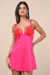 Lulus Kawehi Hot Pink 3d Floral Tie-strap Mini Dress In Pink