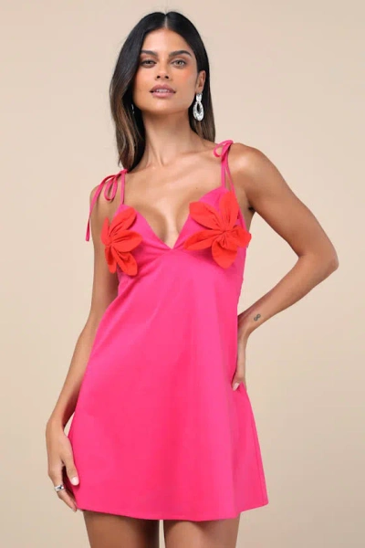 Lulus Kawehi Hot Pink 3d Floral Tie-strap Mini Dress