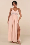 Lulus Kaylin Blush Pleated Lace Maxi Dress