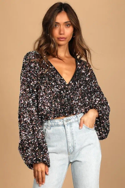Lulus Keep Dazzling Pink Multi Sequin Long Sleeve Crop Top