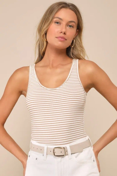 Lulus Keep It Classic Tan And White Striped V-neck Bodysuit