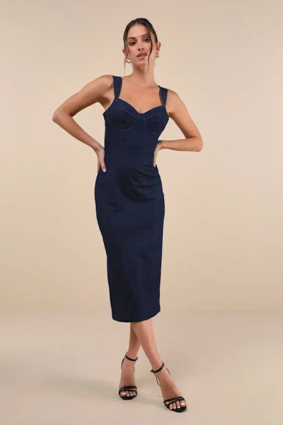 Lulus Keep It Darling Dark Wash Denim Bustier Lace-up Midi Dress In Blue