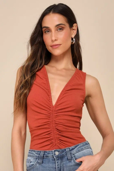 Lulus Keep Me In Mind Rust Brown Ribbed Ruched Sleeveless Bodysuit