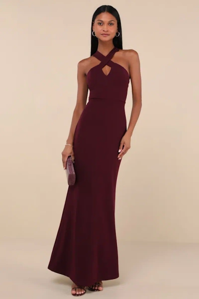 Lulus Keep You Enchanted Dark Purple Cutout Halter Mermaid Maxi Dress