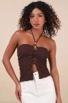Lulus Kelani Brown Textured Knit Halter Crop Top In Brown