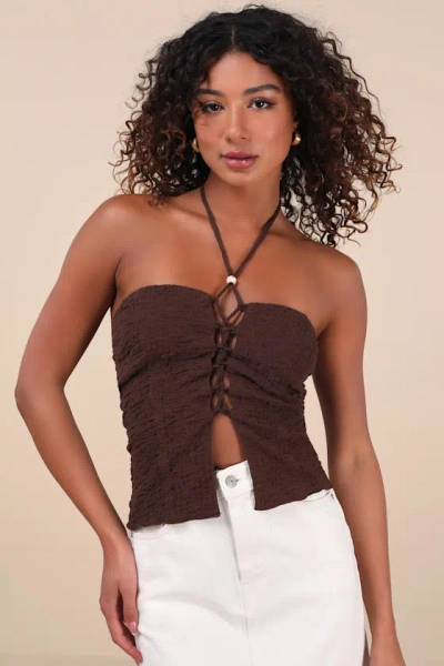 Lulus Kelani Brown Textured Knit Halter Crop Top