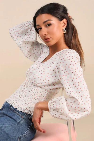 Lulus Kellie Ivory Floral Smocked Long Sleeve Top