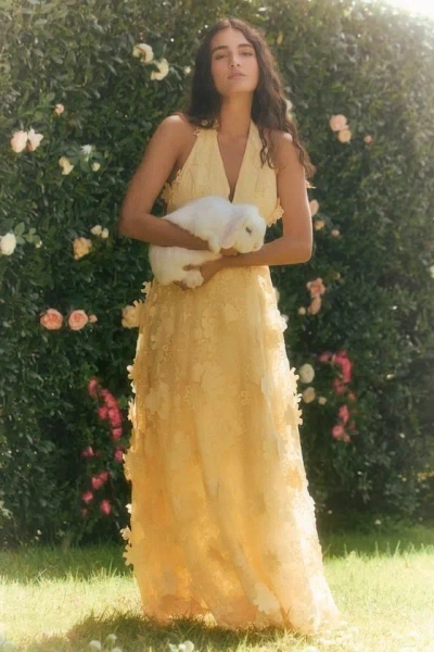 Lulus Kennia Light Yellow 3d Floral Embroidered Halter Maxi Dress