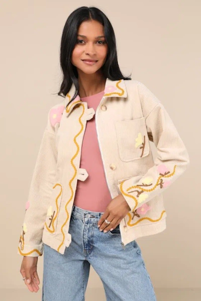 Lulus Kerra Beige Multi Corduroy Embroidered Collared Jacket