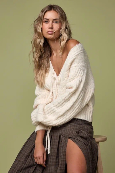 Lulus Khailyn Ivory Cable Knit Tie-front Cardigan Sweater In White