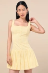 Lulus Khamari Yellow Textured Drop Waist Bubble-hem Mini Dress
