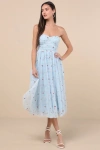 Lulus Kiley Light Blue Embroidered Strapless Midi Dress In Light Blue
