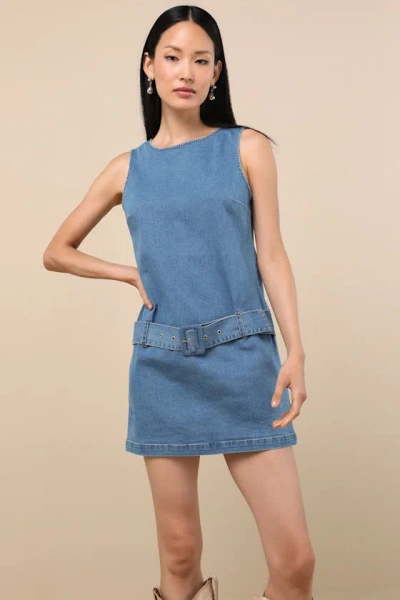 Lulus Kimberly Blue Chambray Belted Mini Dress