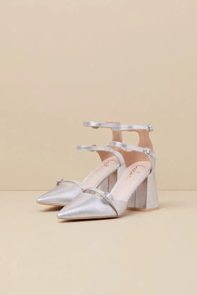 Lulus Kimbersan Silver Textured Pointed-toe Ankle Strap Pumps