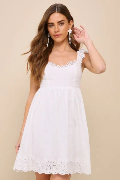 Lulus Kindest Cutie White Eyelet Embroidered Ruffle Strap Mini Dress