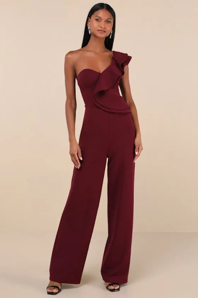 Lulus Kiss Me Again Burgundy Ruffled One-shoulder Jumpsuit