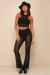 Lulus Kisses From Cabo Black Sheer Crochet Two-piece Jumpsuit In Black
