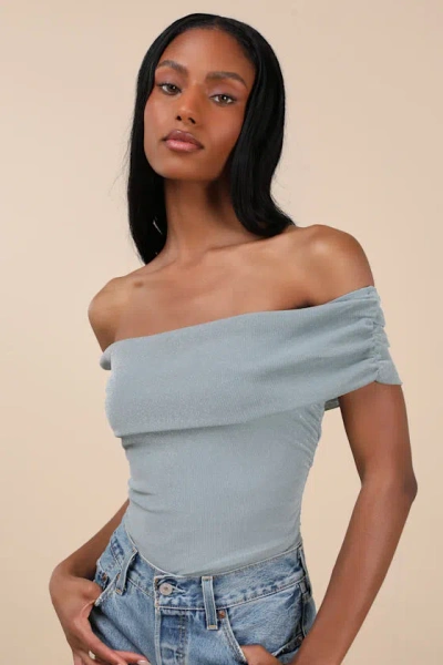 Lulus Korene Slate Blue Mesh Ruched Off-the-shoulder Top