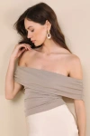 Lulus Korene Taupe Mesh Ruched Off-the-shoulder Top In Taupe