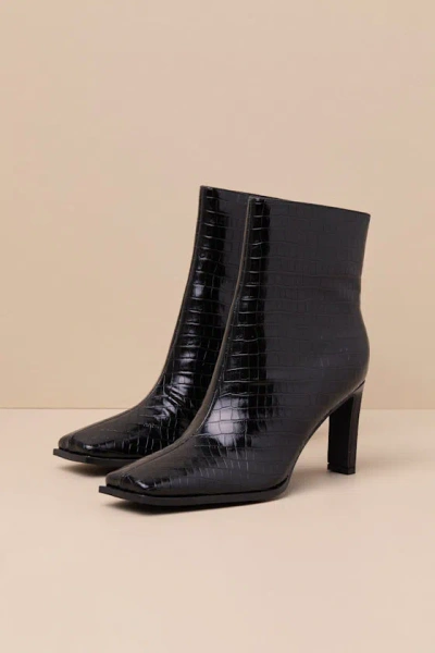 Lulus Korey Black Croc Square-toe Ankle Booties