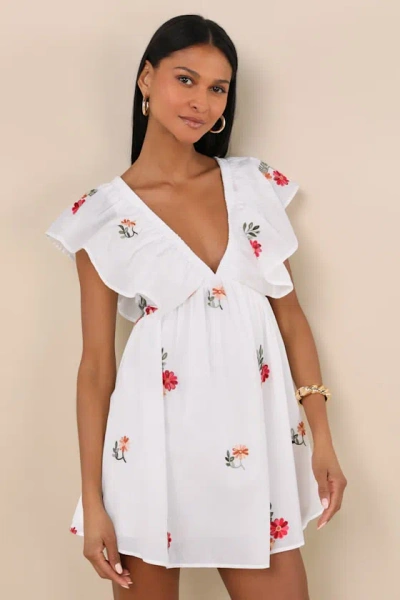 Lulus Kory White Embroidered Flutter Sleeve Mini Dress