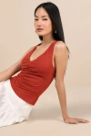 Lulus Kosta Rust Red Ruched Jersey Knit Tank Top In Rust Red